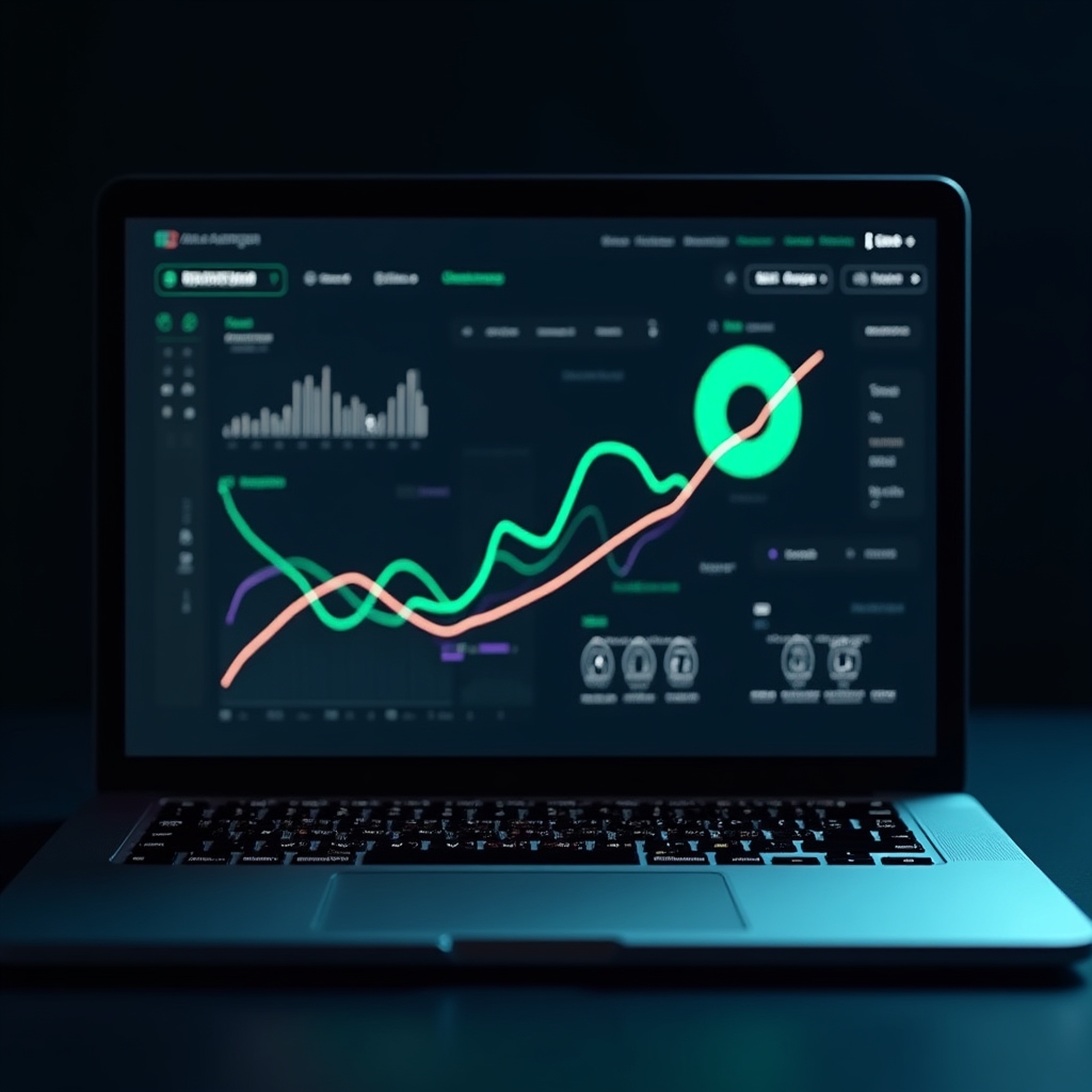 Close-up of financial analytics dashboard on a modern laptop screen showing charts and data visualisations