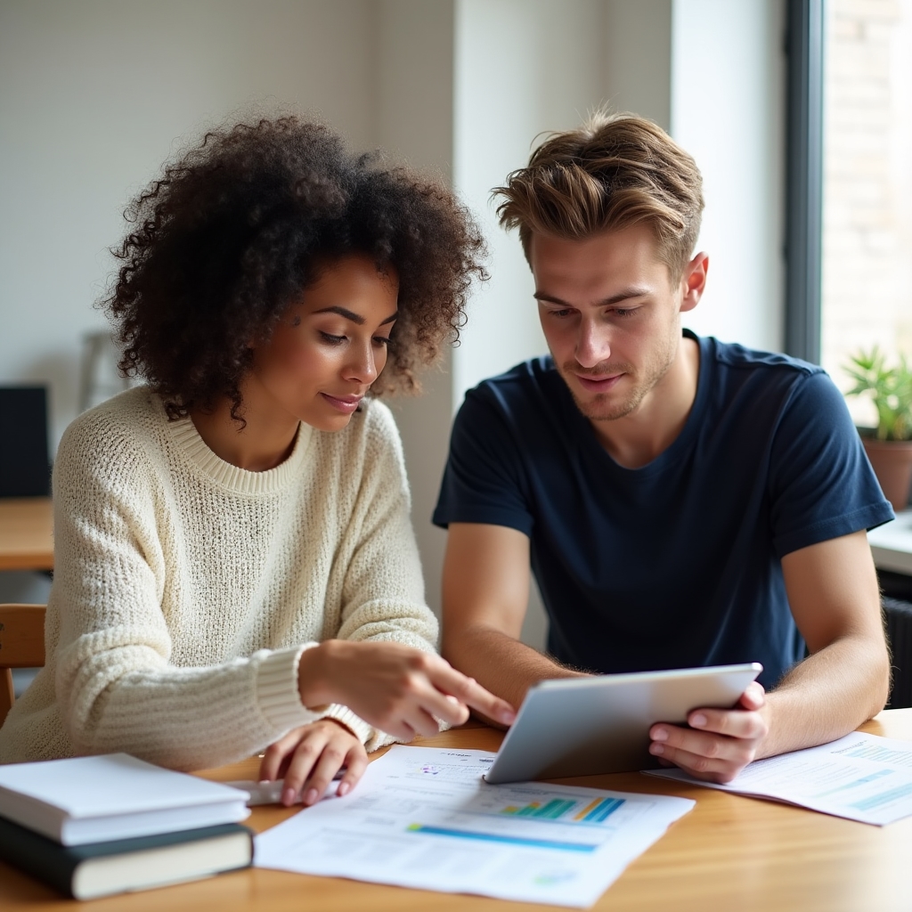 Two young adults studying financial education content together at a desk in Portugal