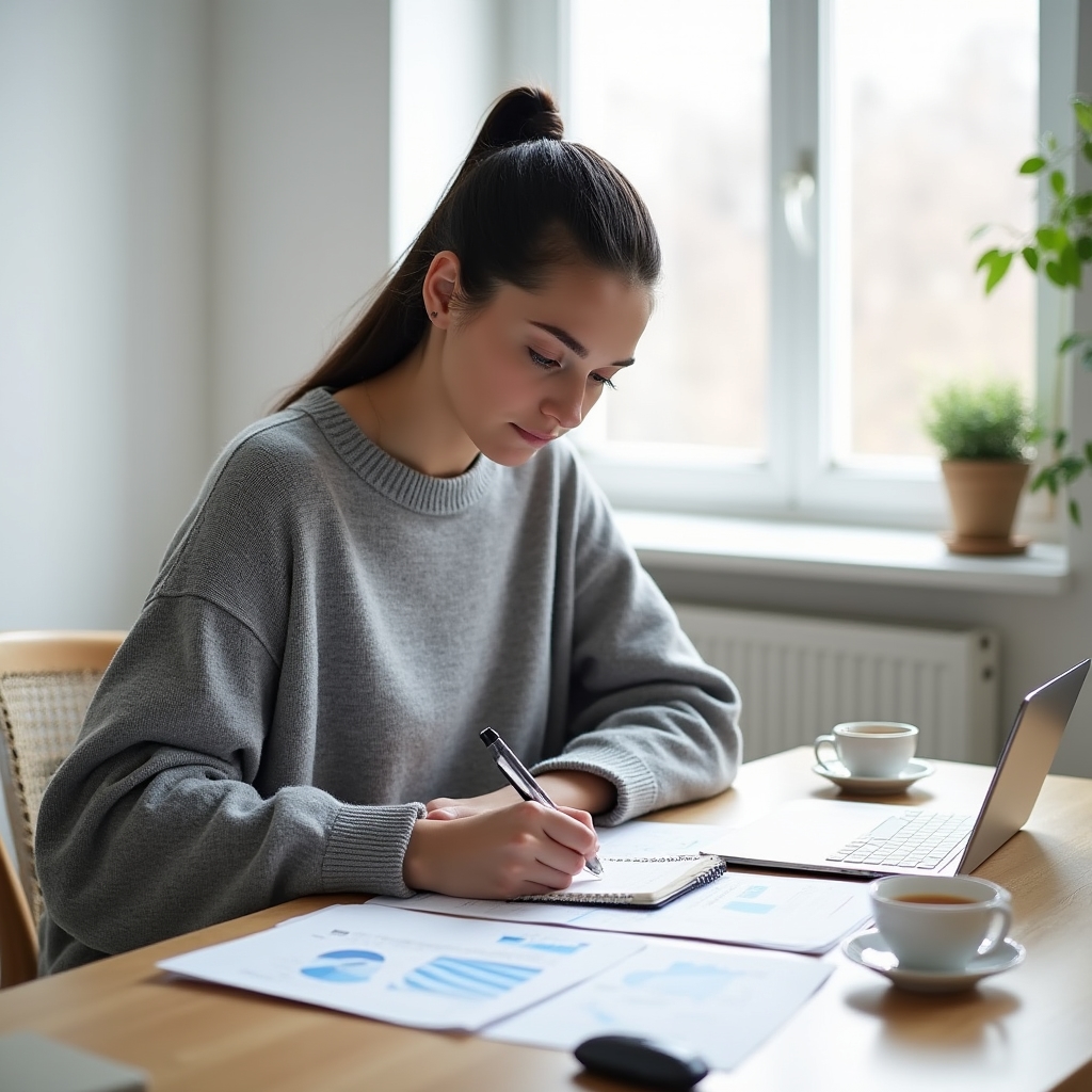 Young woman studying financial documents and taking notes at a bright minimalist desk