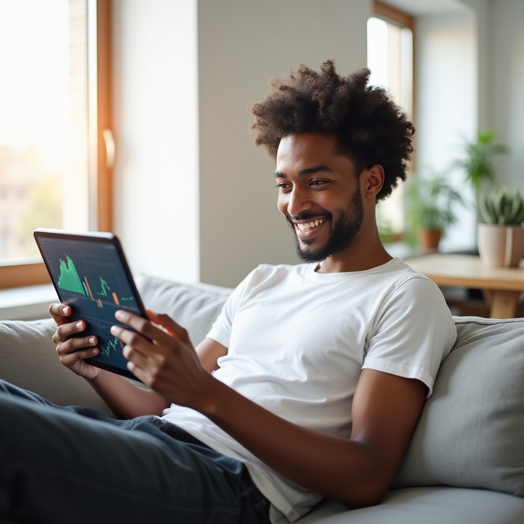 Young man using FinançasData platform on a tablet, reviewing financial charts in a bright modern apartment