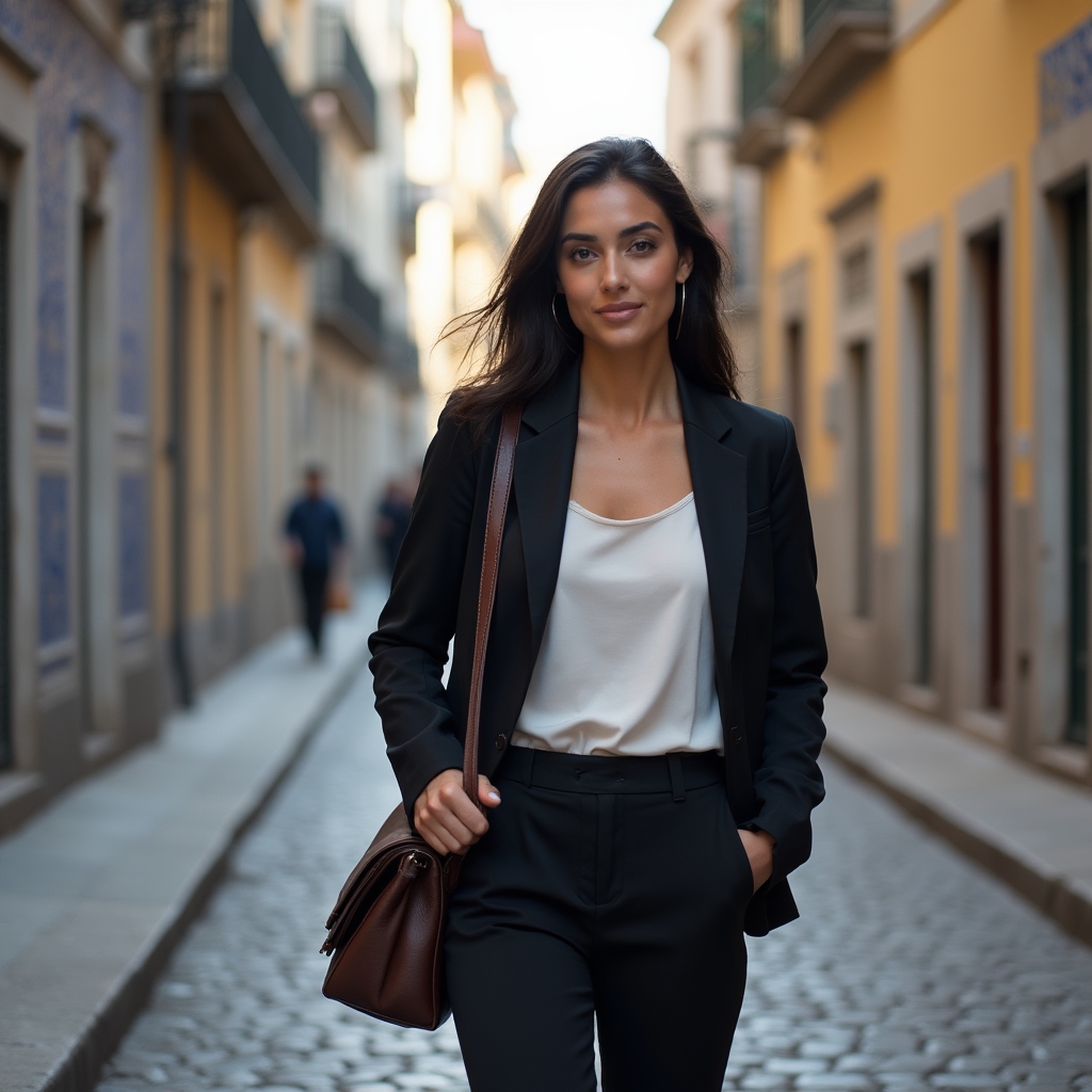 Young professional walking through Porto's historic streets with a laptop bag, representing financial independence