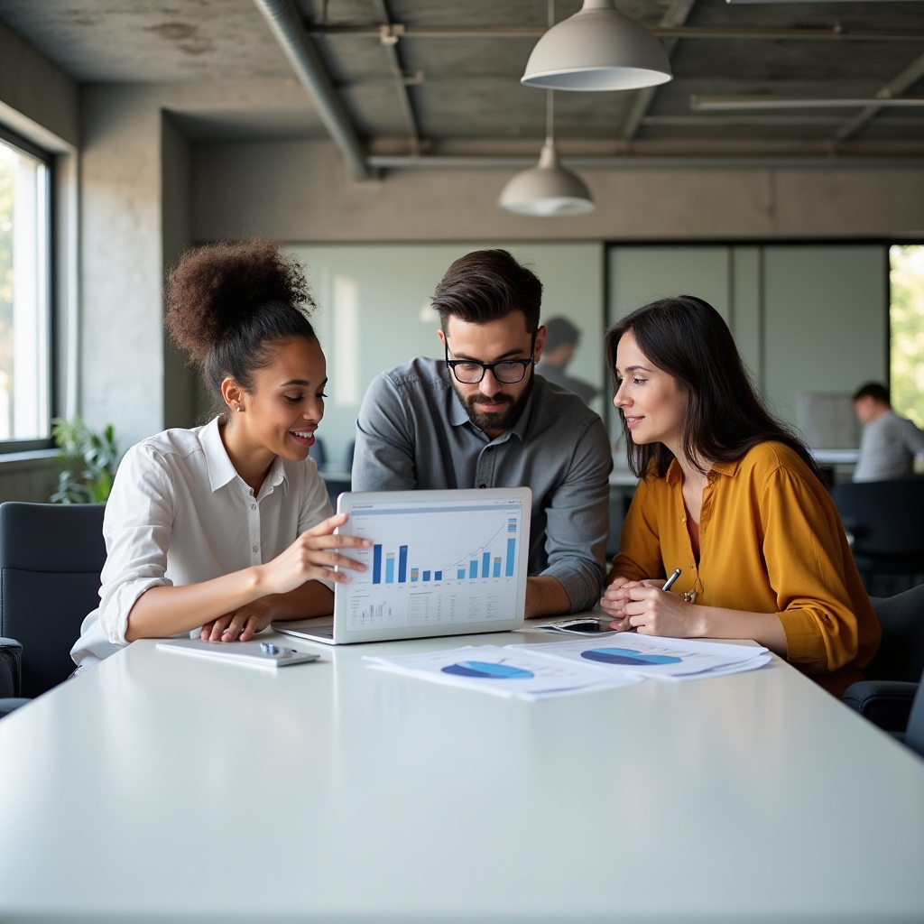 Small team of young professionals collaborating on a financial technology project at a clean modern workspace