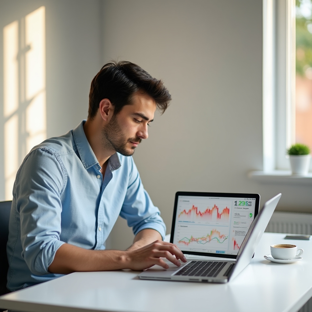 Young Portuguese professional reviewing financial dashboard on laptop